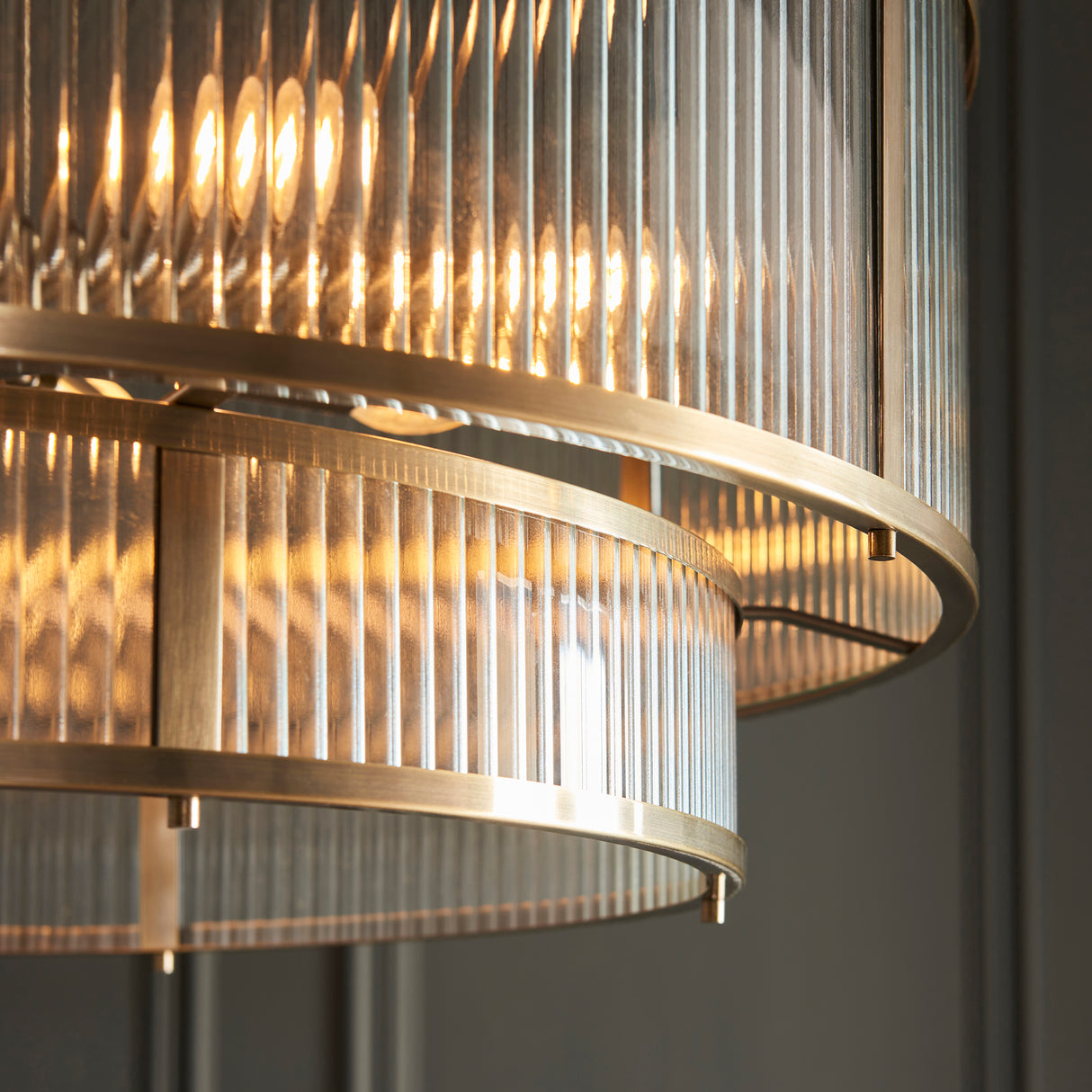 Endon Ridgeton 8lt Tiered Chandelier Antique Brass & Ribbed Glass