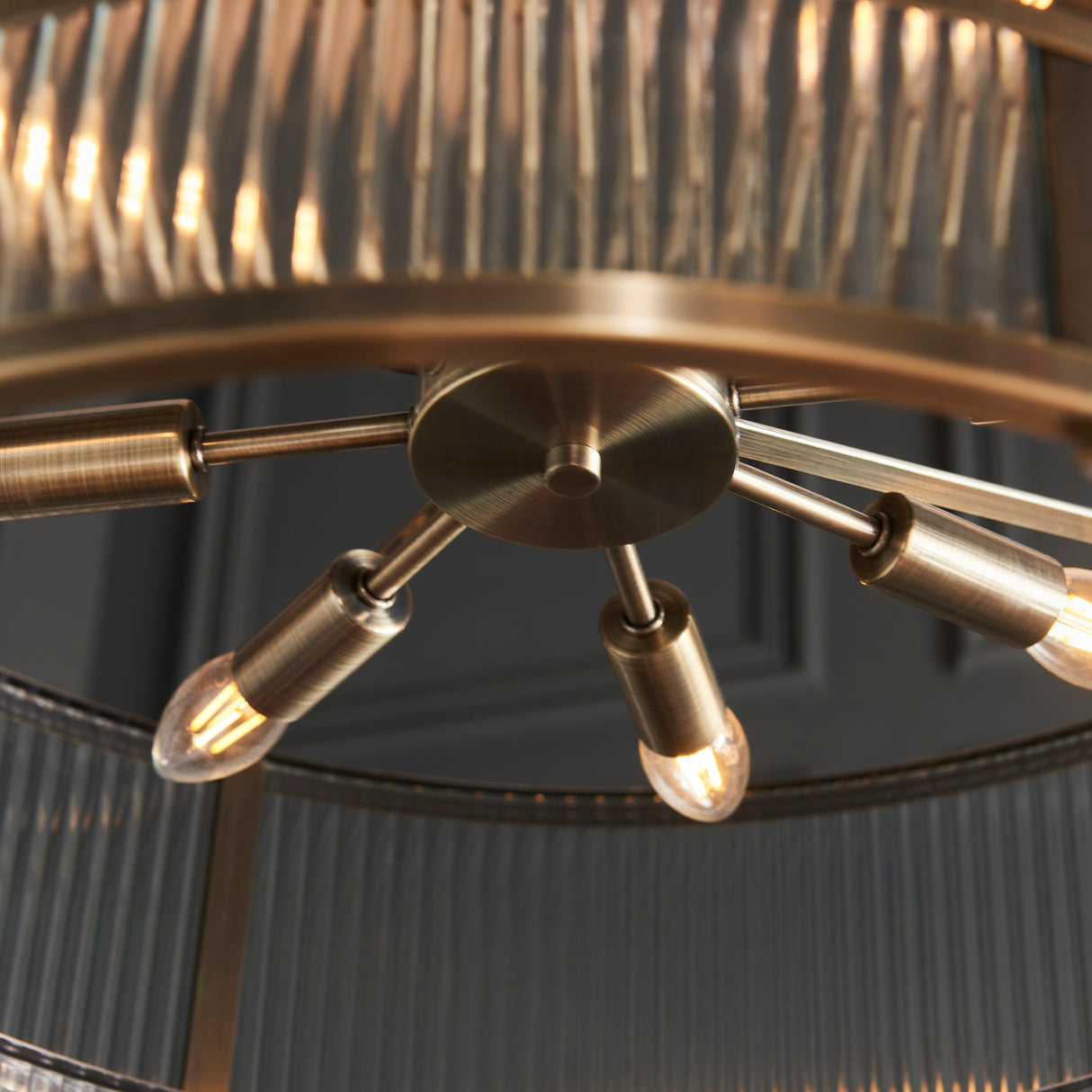 Endon Ridgeton 8lt Tiered Chandelier Antique Brass & Ribbed Glass