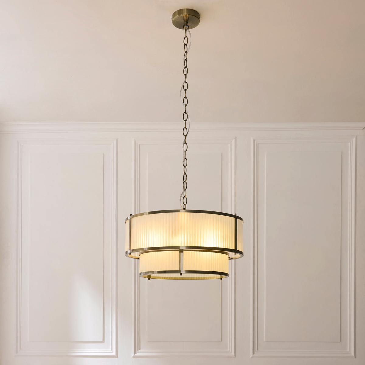 Endon Ridgeton 5lt Tiered Pendant Antique brass plate & frosted ribbed glass
