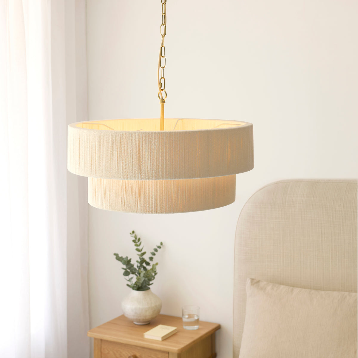 Endon Noah 5lt Pendant Cream cotton & brushed brass plate