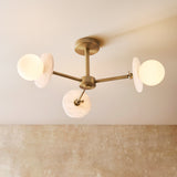 Endon Cerchio 3lt Semi Flush Warm Antique Brass, Alabaster Stone & Gloss White Glass