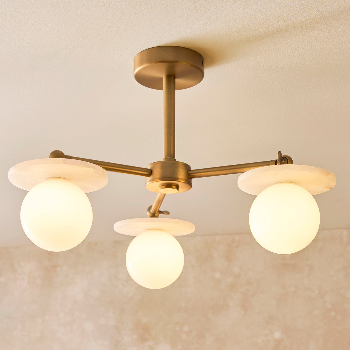 Endon Cerchio 3lt Semi Flush Warm Antique Brass, Alabaster Stone & Gloss White Glass