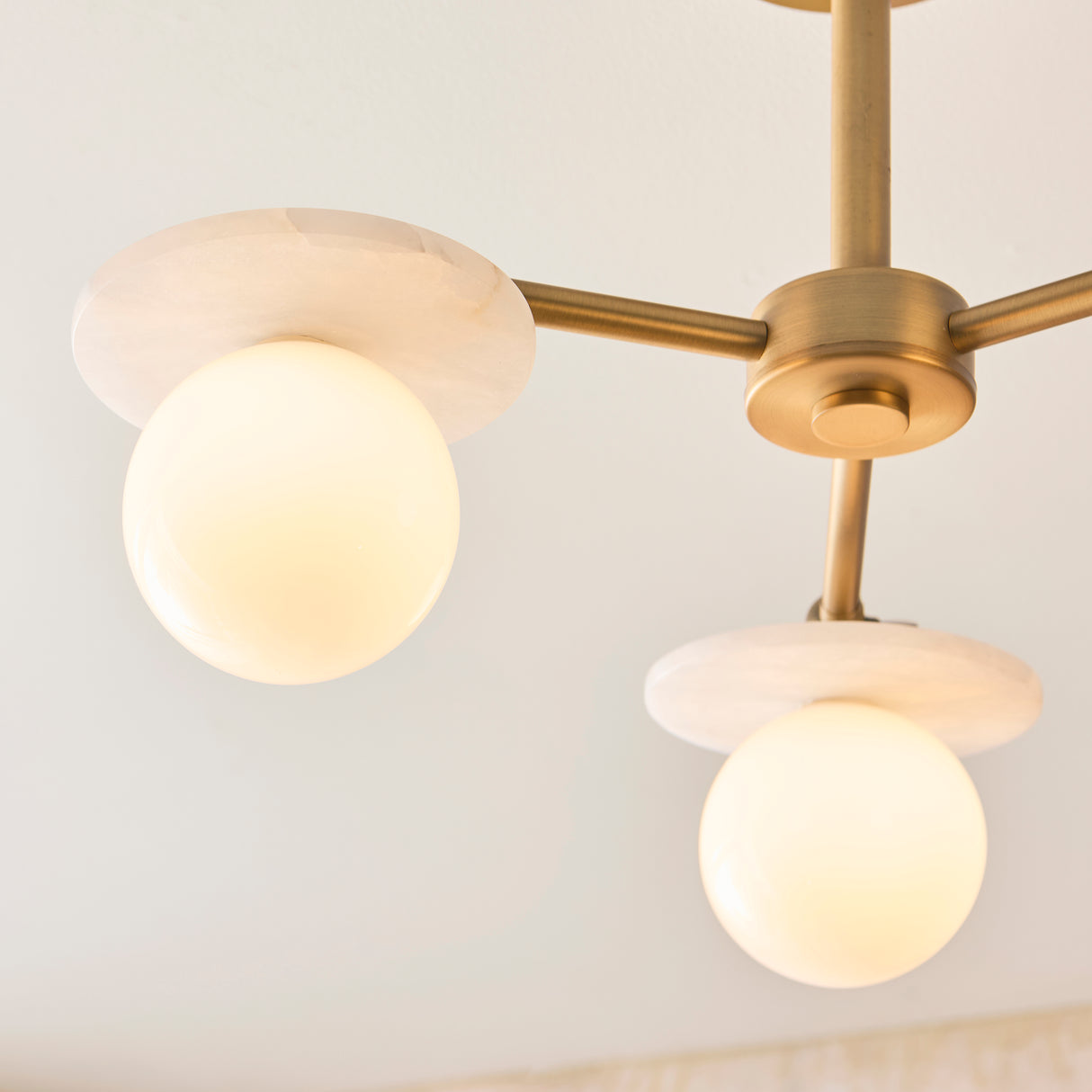 Endon Cerchio 3lt Semi Flush Warm Antique Brass, Alabaster Stone & Gloss White Glass