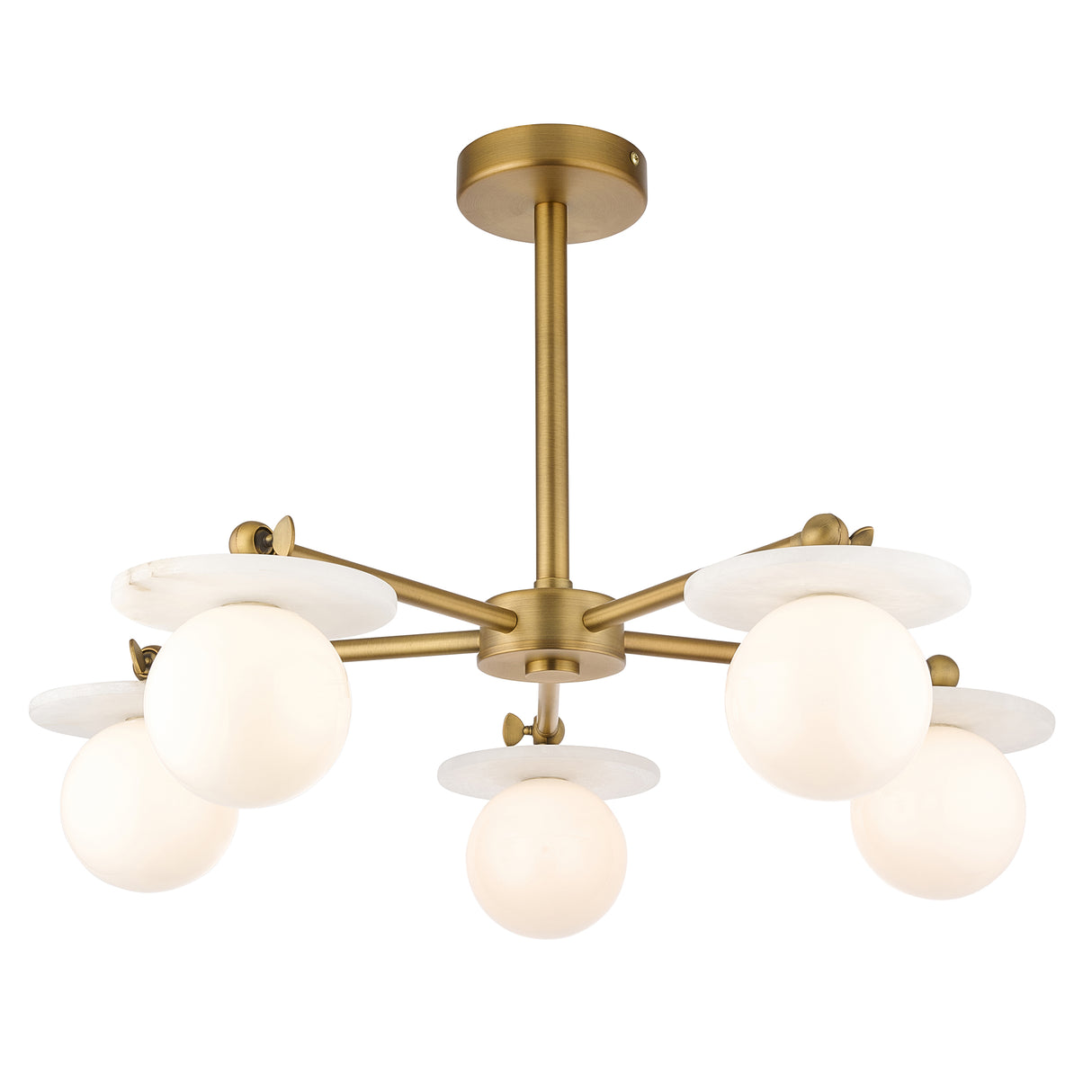 Endon Cerchio 5lt Semi Flush Warm Antique Brass, Alabaster Stone & Gloss White Glass