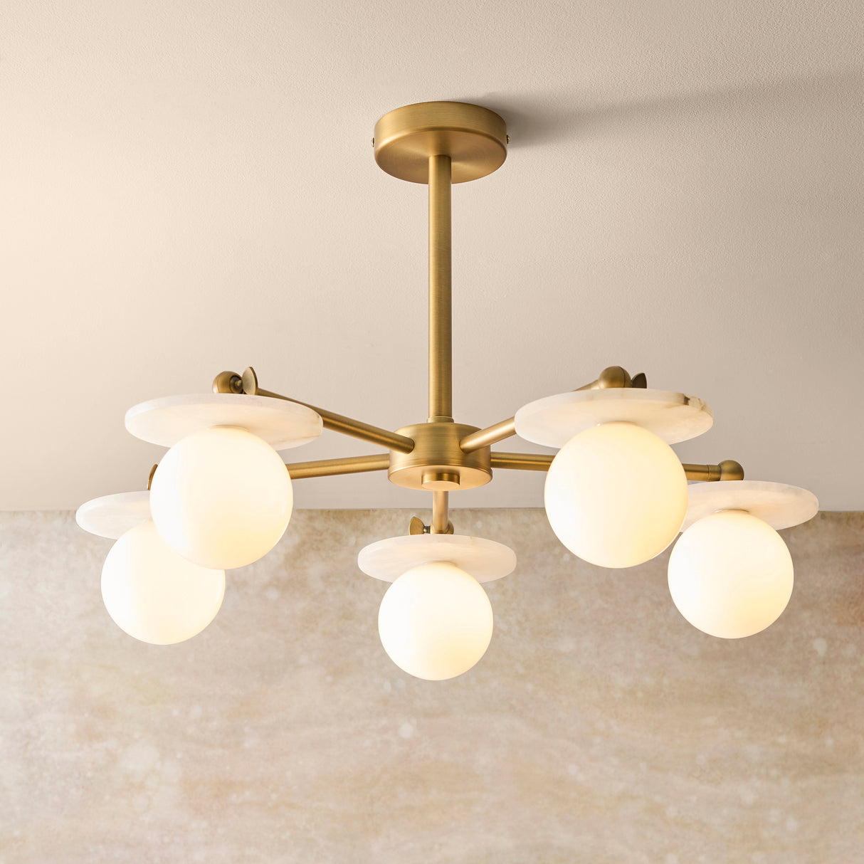 Endon Cerchio 5lt Semi Flush Warm Antique Brass, Alabaster Stone & Gloss White Glass
