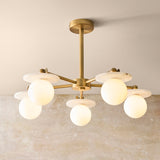 Endon Cerchio 5lt Semi Flush Warm Antique Brass, Alabaster Stone & Gloss White Glass