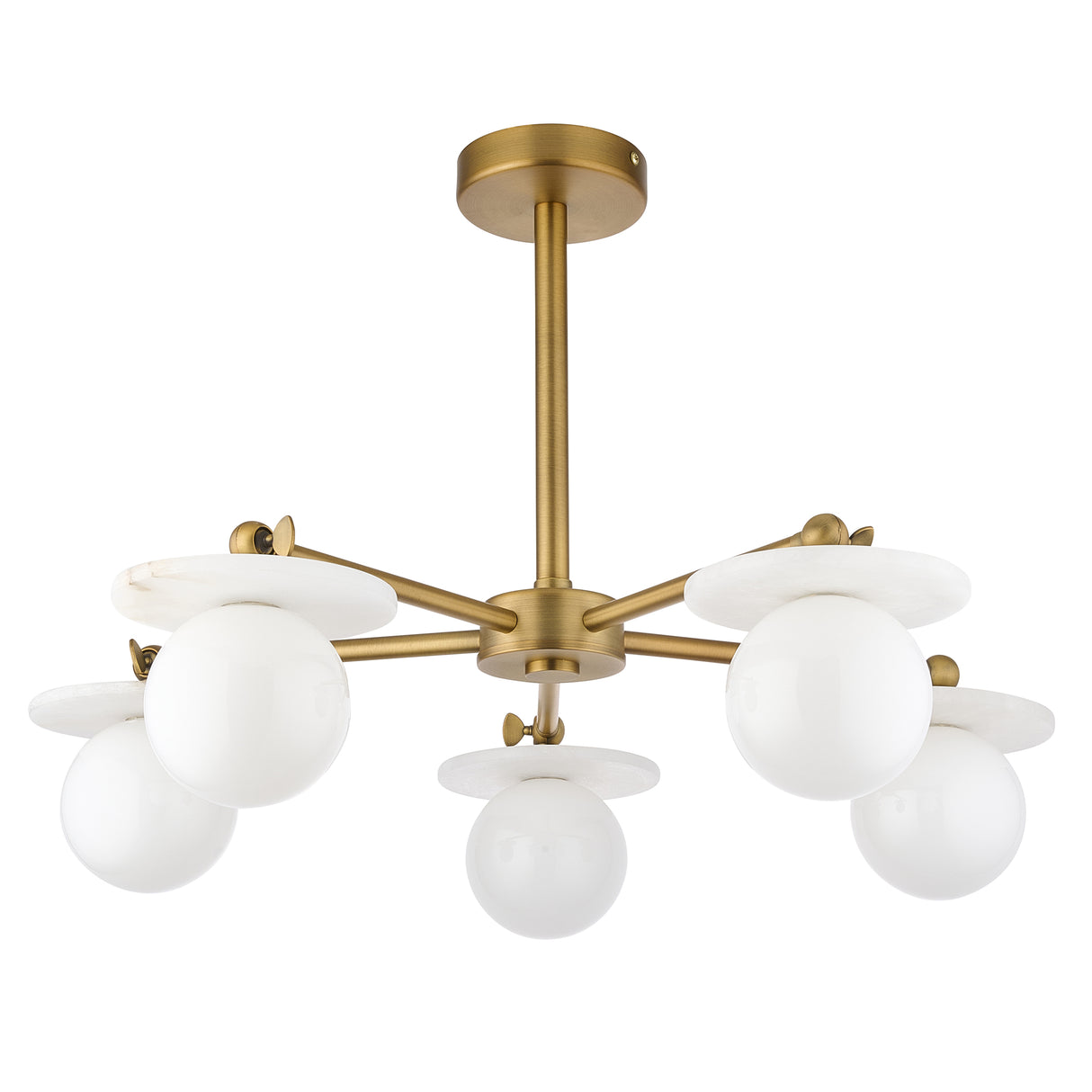 Endon Cerchio 5lt Semi Flush Warm Antique Brass, Alabaster Stone & Gloss White Glass