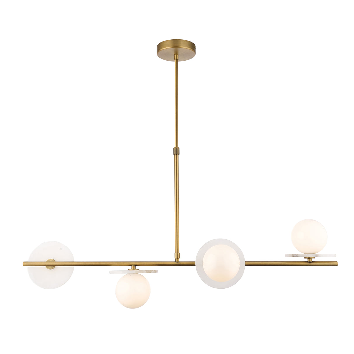 Endon Cerchio 4lt Linear Pendant Warm Antique Brass, Alabaster Stone & Gloss White Glass