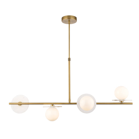 Endon Cerchio 4lt Linear Pendant Warm Antique Brass, Alabaster Stone & Gloss White Glass