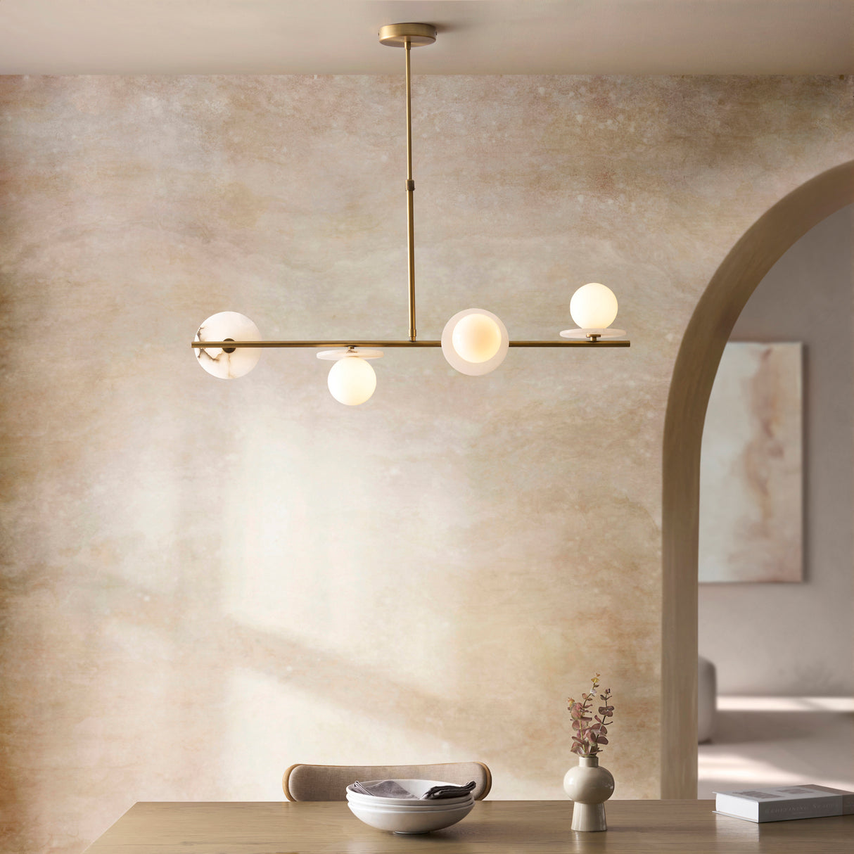 Endon Cerchio 4lt Linear Pendant Warm Antique Brass, Alabaster Stone & Gloss White Glass