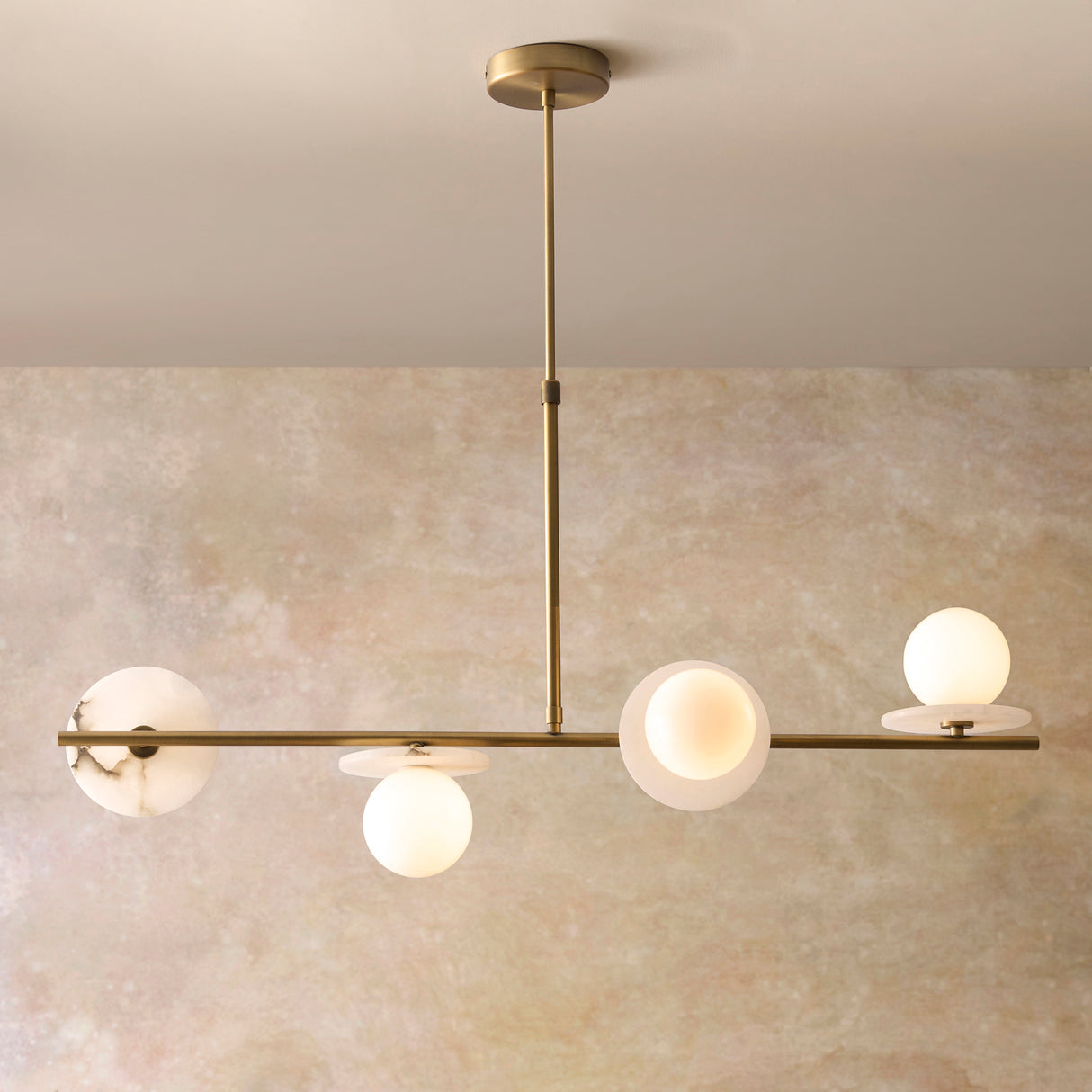 Endon Cerchio 4lt Linear Pendant Warm Antique Brass, Alabaster Stone & Gloss White Glass