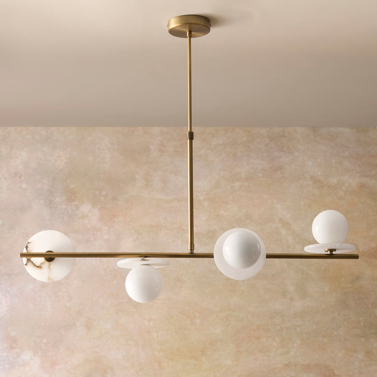 Endon Cerchio 4lt Linear Pendant Warm Antique Brass, Alabaster Stone & Gloss White Glass