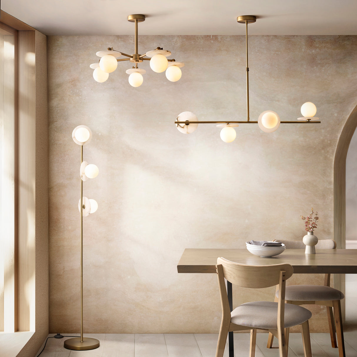 Endon Cerchio 4lt Linear Pendant Warm Antique Brass, Alabaster Stone & Gloss White Glass