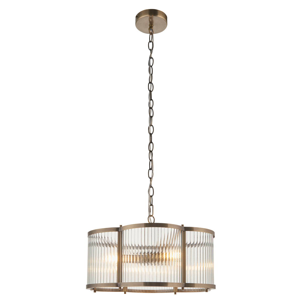 Endon Ridgeton Scallop 3lt Pendant Antique brass plate & clear ribbed glass