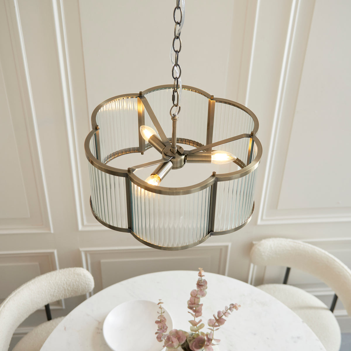 Endon Ridgeton Scallop 3lt Pendant Antique brass plate & clear ribbed glass
