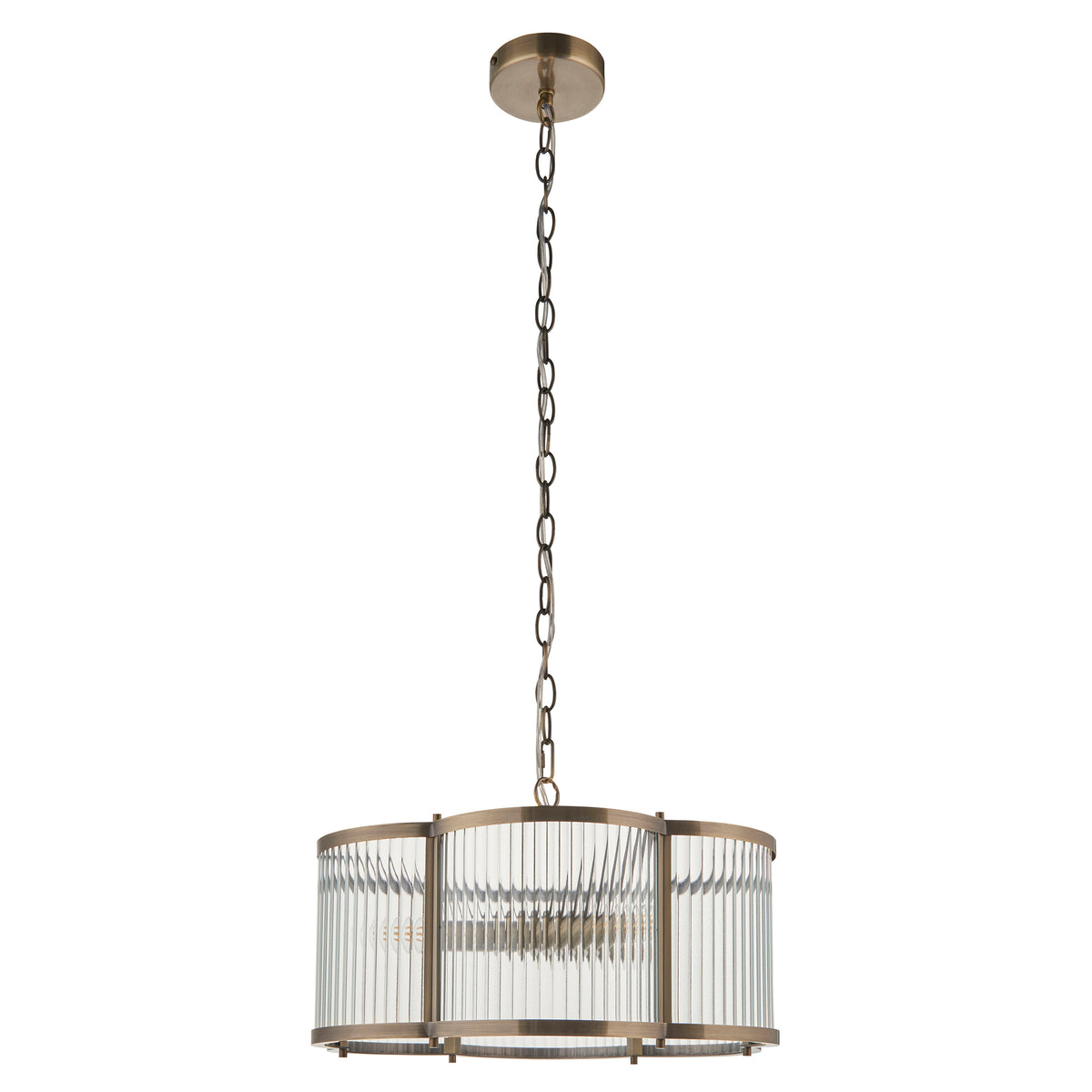 Endon Ridgeton Scallop 3lt Pendant Antique brass plate & clear ribbed glass