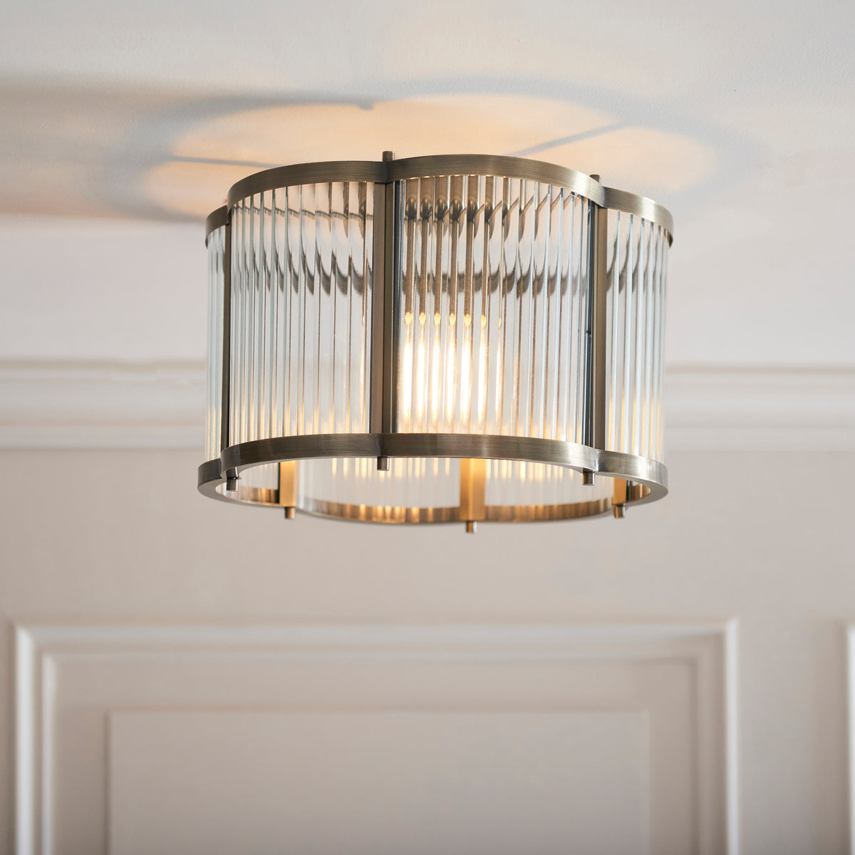 Endon Ridgeton Scallop Flush Antique brass plate & clear ribbed glass