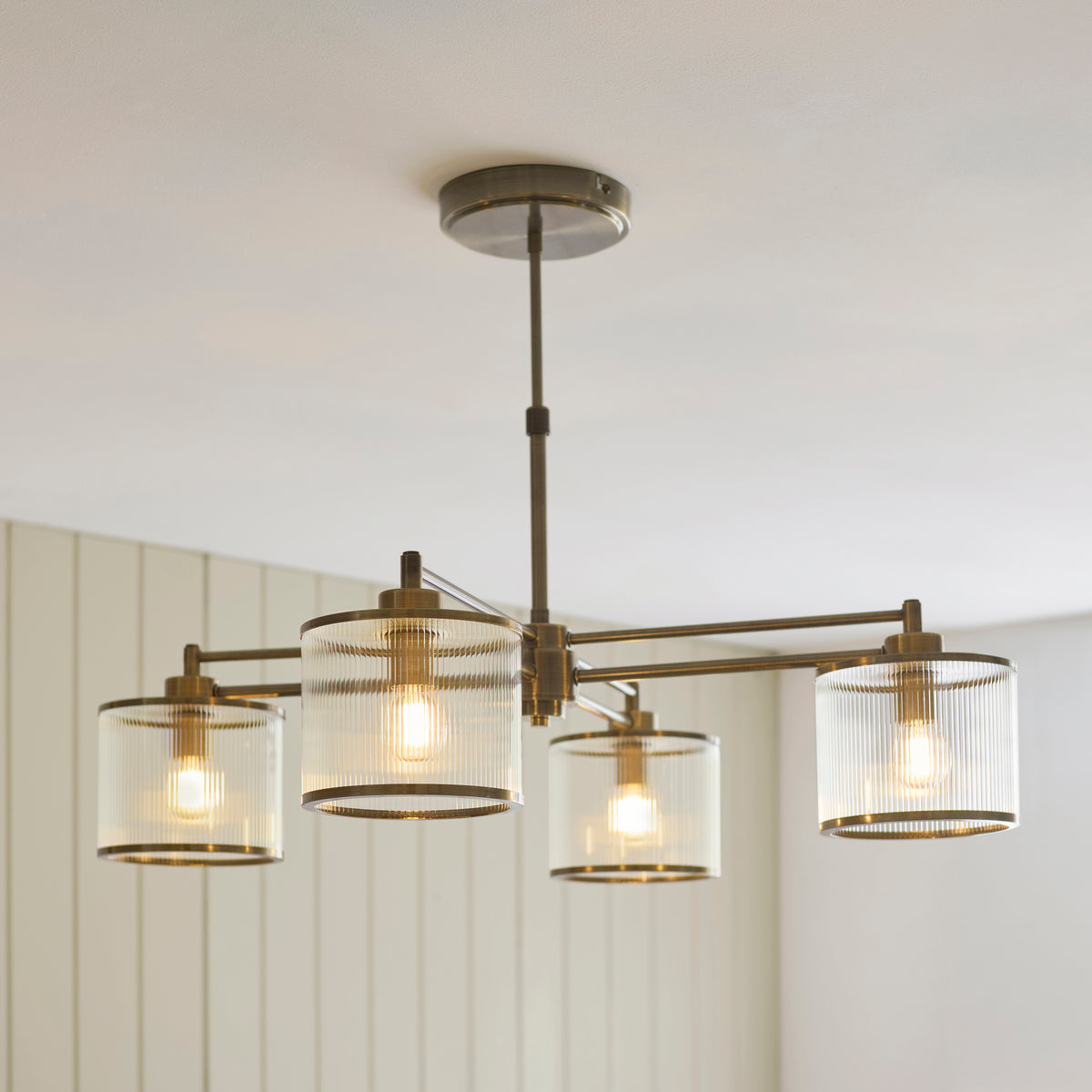 Endon Ridgeton 4lt Pendant Antique brass plate & clear ribbed glass