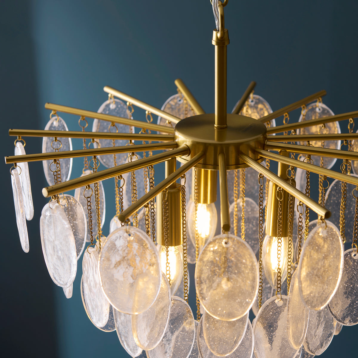 Endon Loretta 3lt Pendant Brushed aged brass plate & clear bubble glass