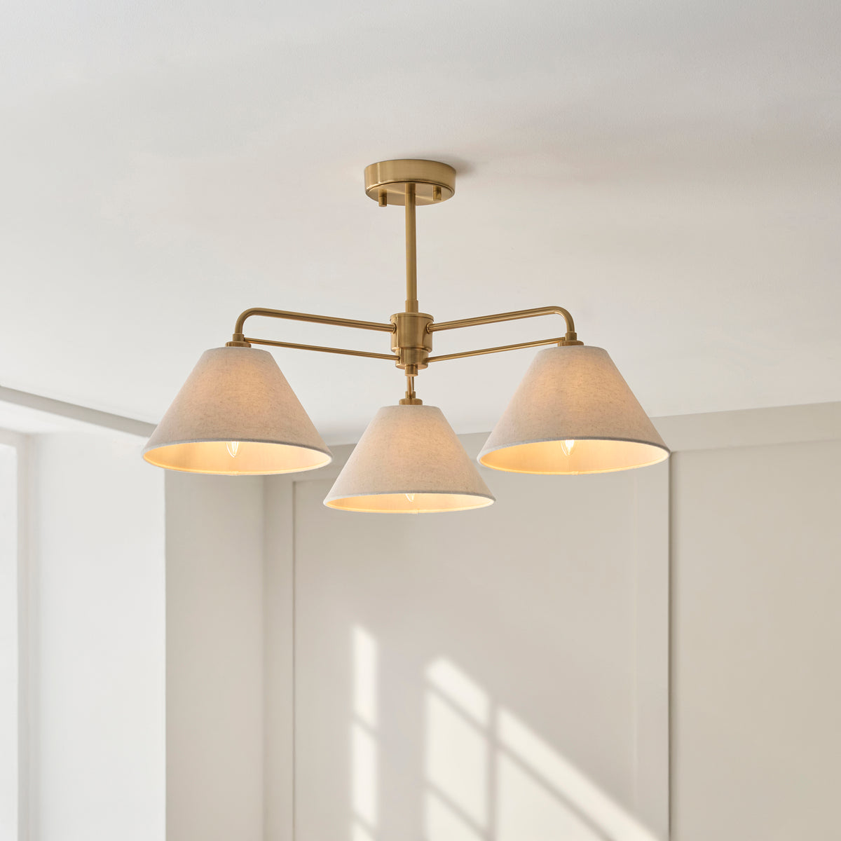 Endon Wallbridge 3lt Semi Flush Brushed aged brass plate & natural linen
