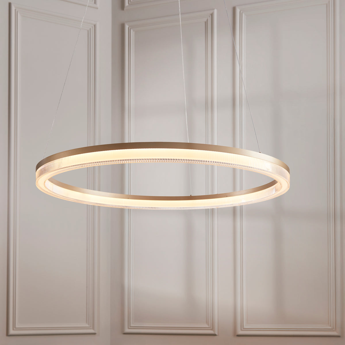 Endon Lansina Hoop Pendant Brushed gold plated finish & opal ribbed acrylic