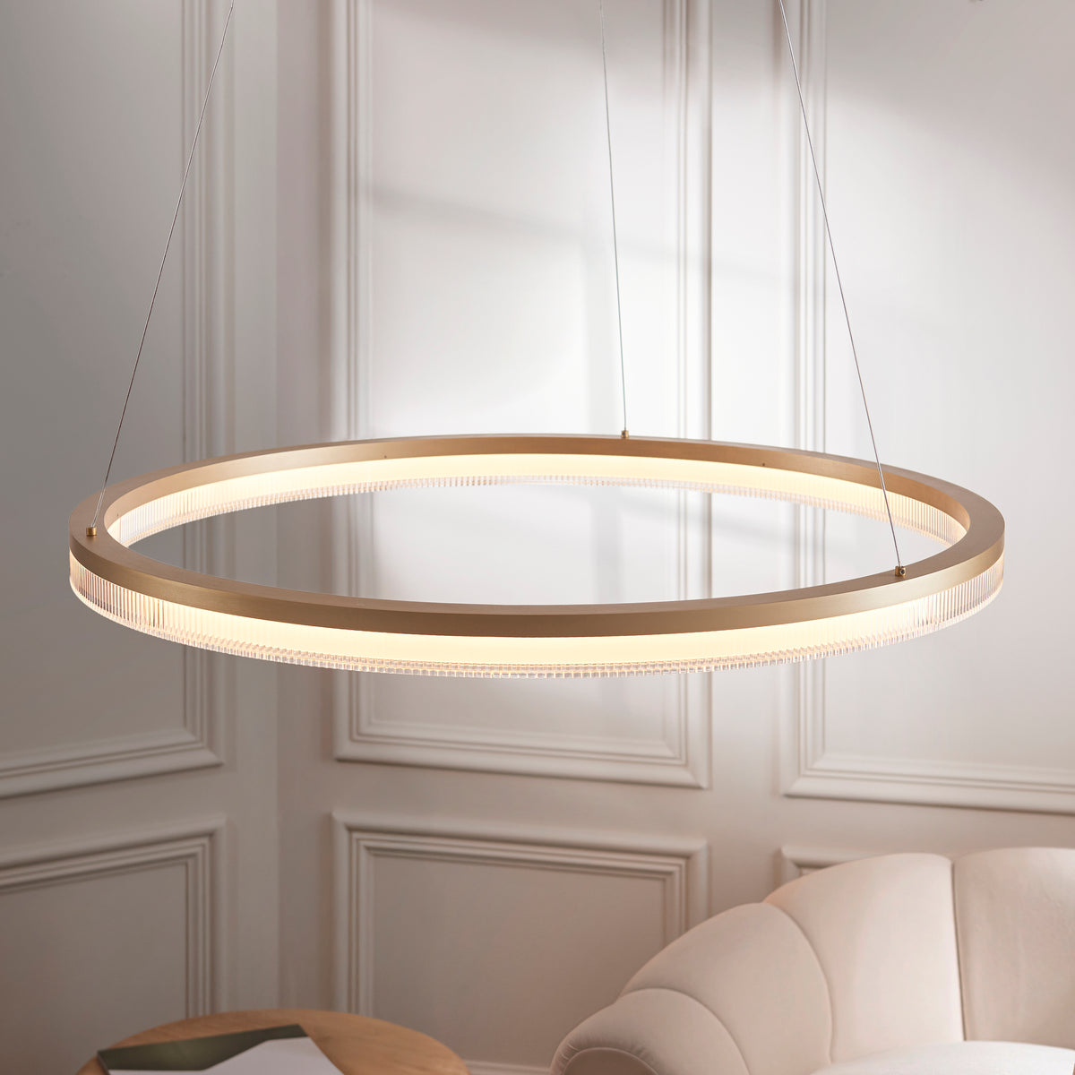 Endon Lansina Hoop Pendant Brushed gold plated finish & opal ribbed acrylic