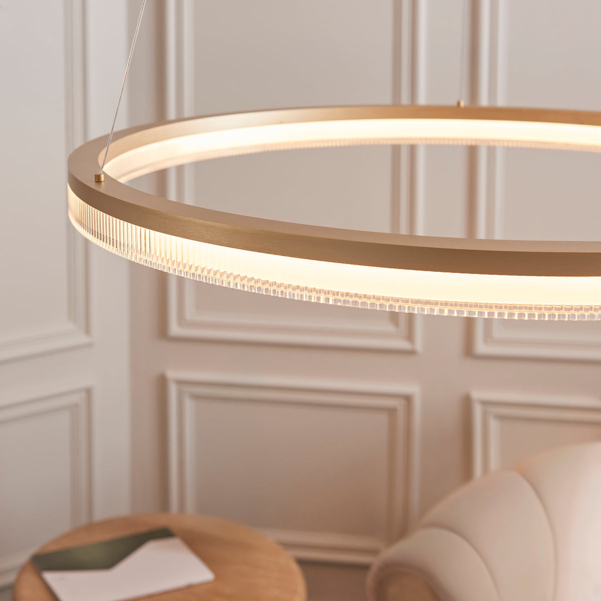 Endon Lansina Hoop Pendant Brushed gold plated finish & opal ribbed acrylic