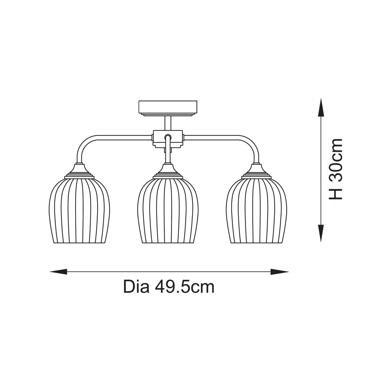 Endon Ashcroft Ribbed 3lt Semi Flush Brushed aged brass plate & clear ribbed glass