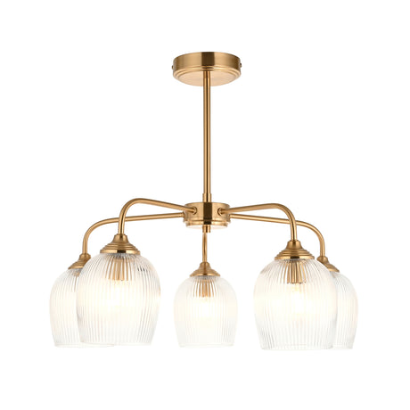 Endon Ashcroft Ribbed 5lt Pendant Brushed aged brass plate & clear ribbed glass