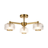 Endon Stamford 3lt Semi Flush Brushed aged brass plate & clear ribbed glass