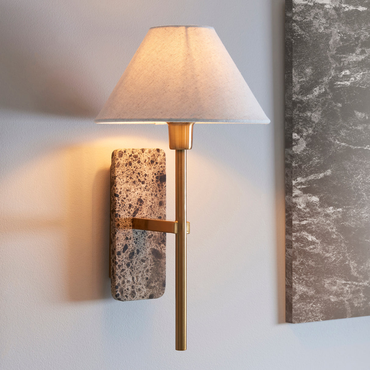 Endon Faro Wall Dark brown Emperador marble & vintage brass with natural linen