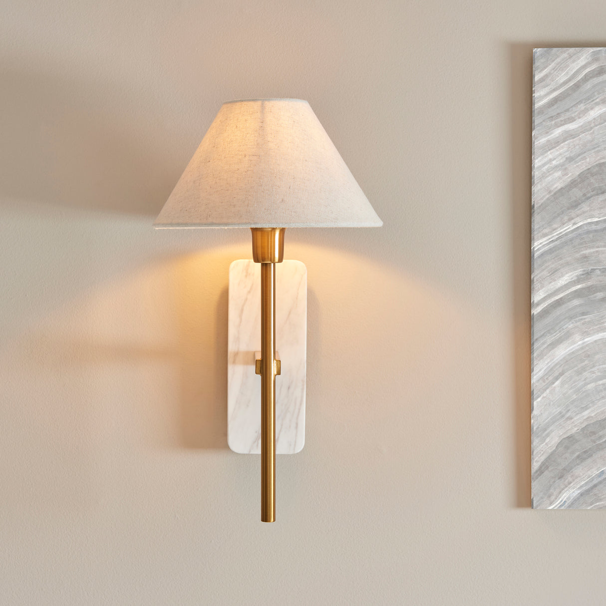 Endon Faro Wall White volakas marble & vintage brass with natural linen