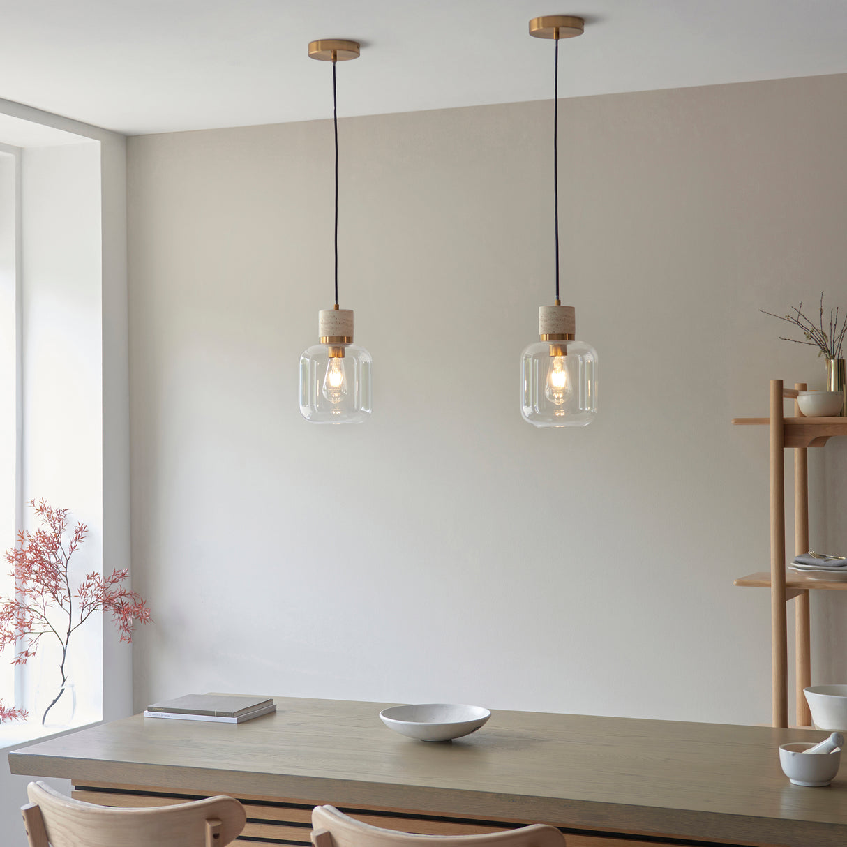 Endon Travi Pendant Natural travertine, vintage brass & clear glass