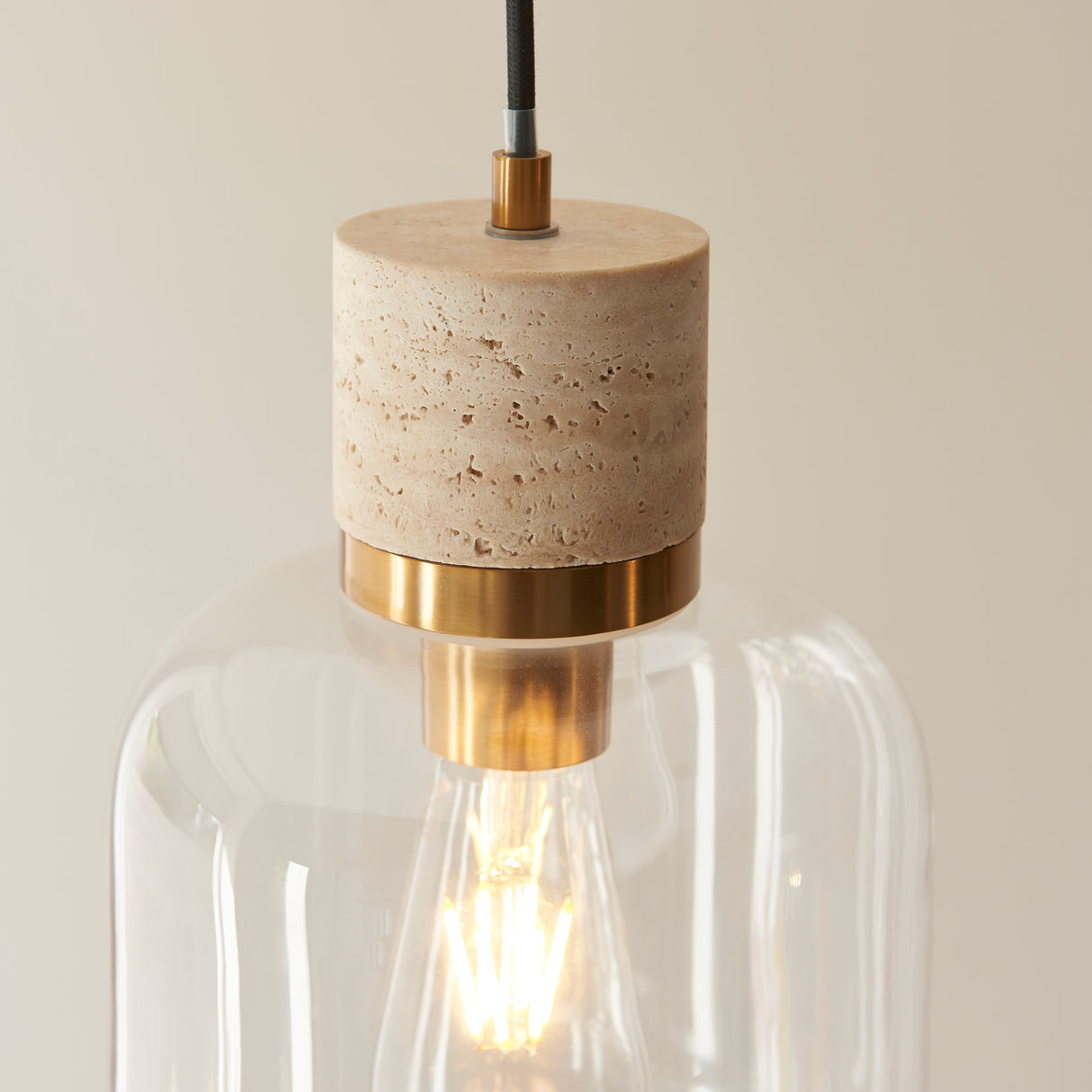 Endon Travi Pendant Natural travertine, vintage brass & clear glass