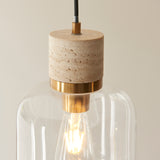 Endon Travi Pendant Natural travertine, vintage brass & clear glass