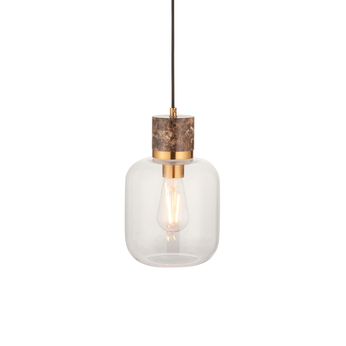 Endon Travi Pendant Dark brown Emperador marble, vintage brass & clear glass