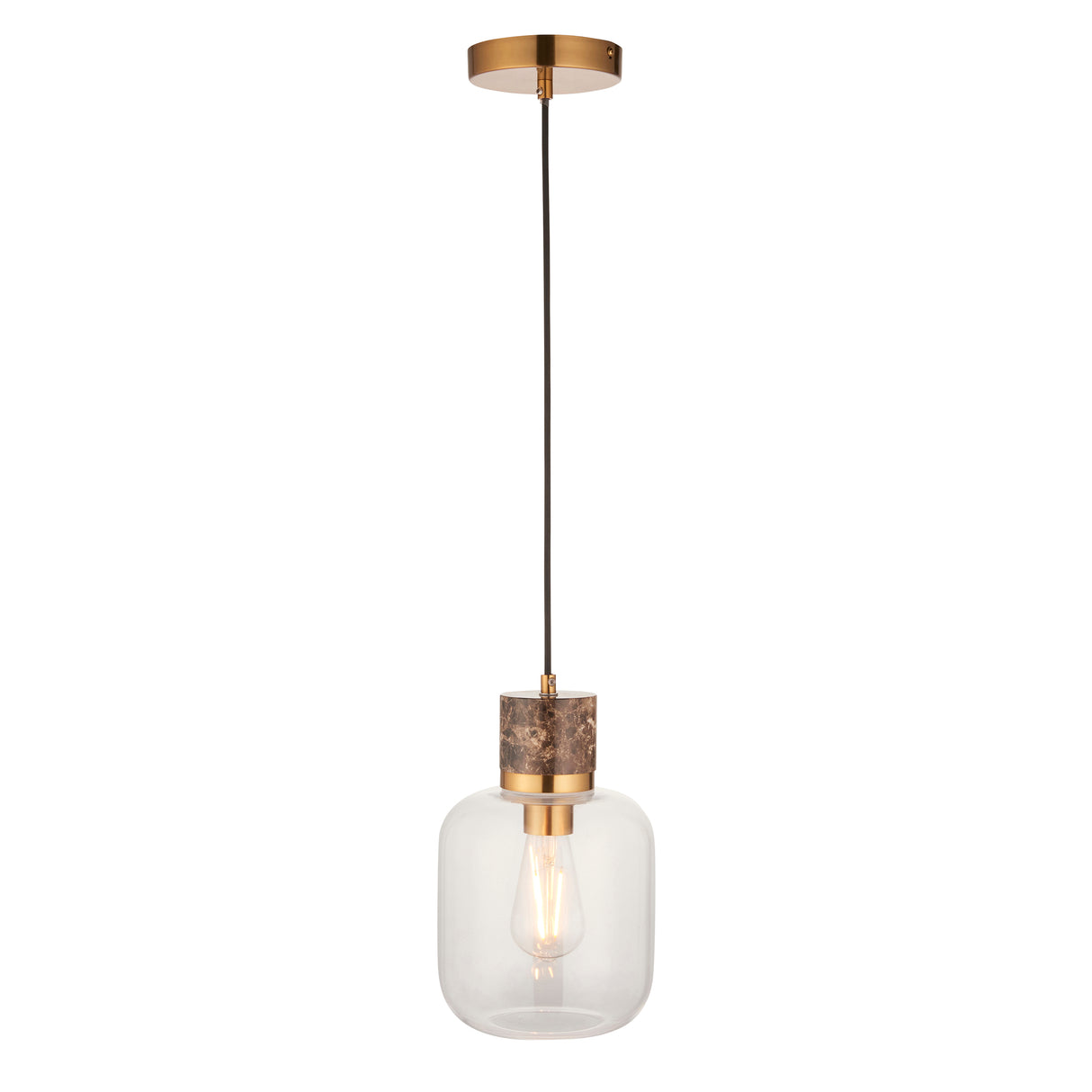 Endon Travi Pendant Dark brown Emperador marble, vintage brass & clear glass