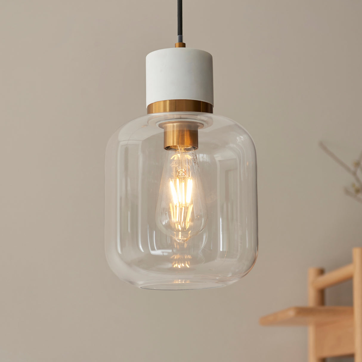 Endon Travi Pendant White volakas marble, vintage brass & clear glass