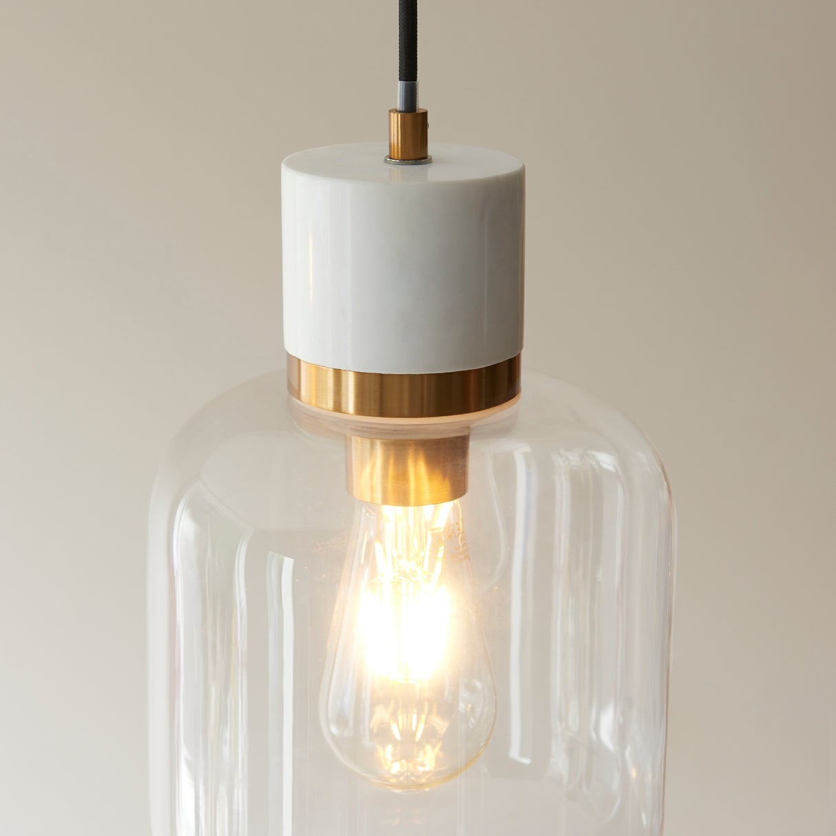 Endon Travi Pendant White volakas marble, vintage brass & clear glass