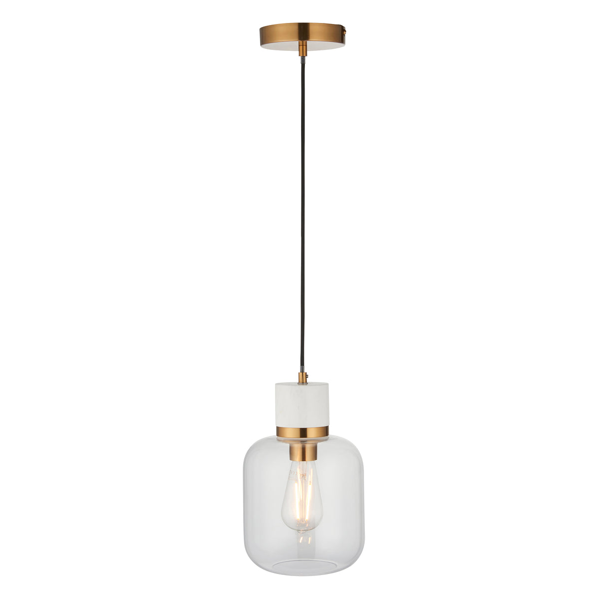 Endon Travi Pendant White volakas marble, vintage brass & clear glass