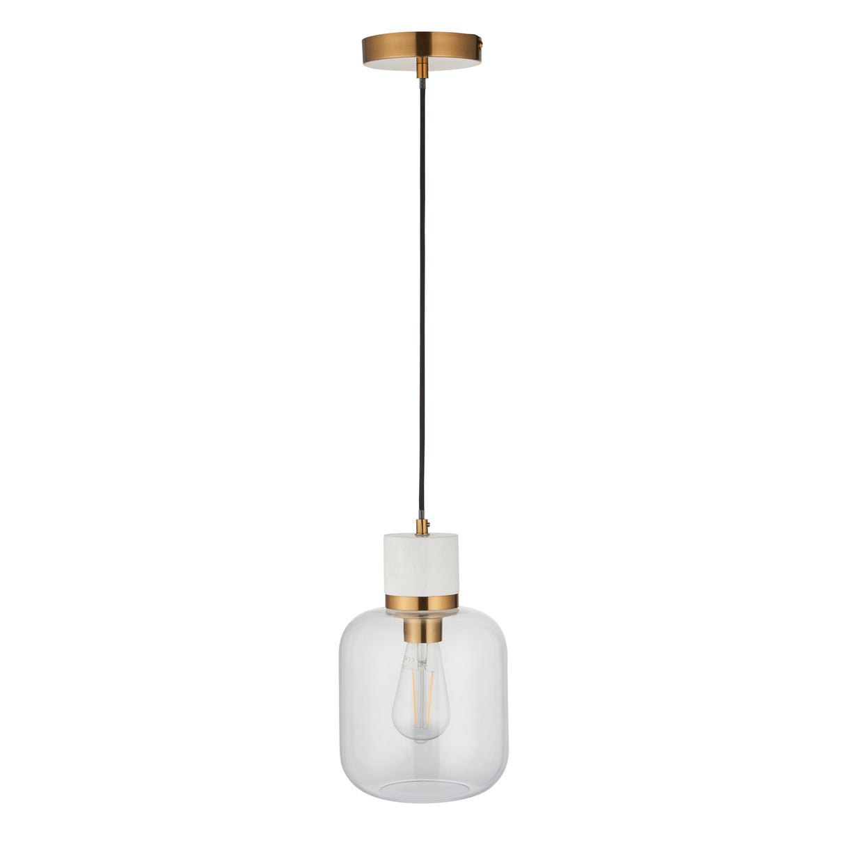 Endon Travi Pendant White volakas marble, vintage brass & clear glass