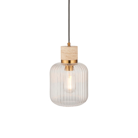Endon Travi Ribbed Pendant Natural travertine, vintage brass & clear ribbed glass