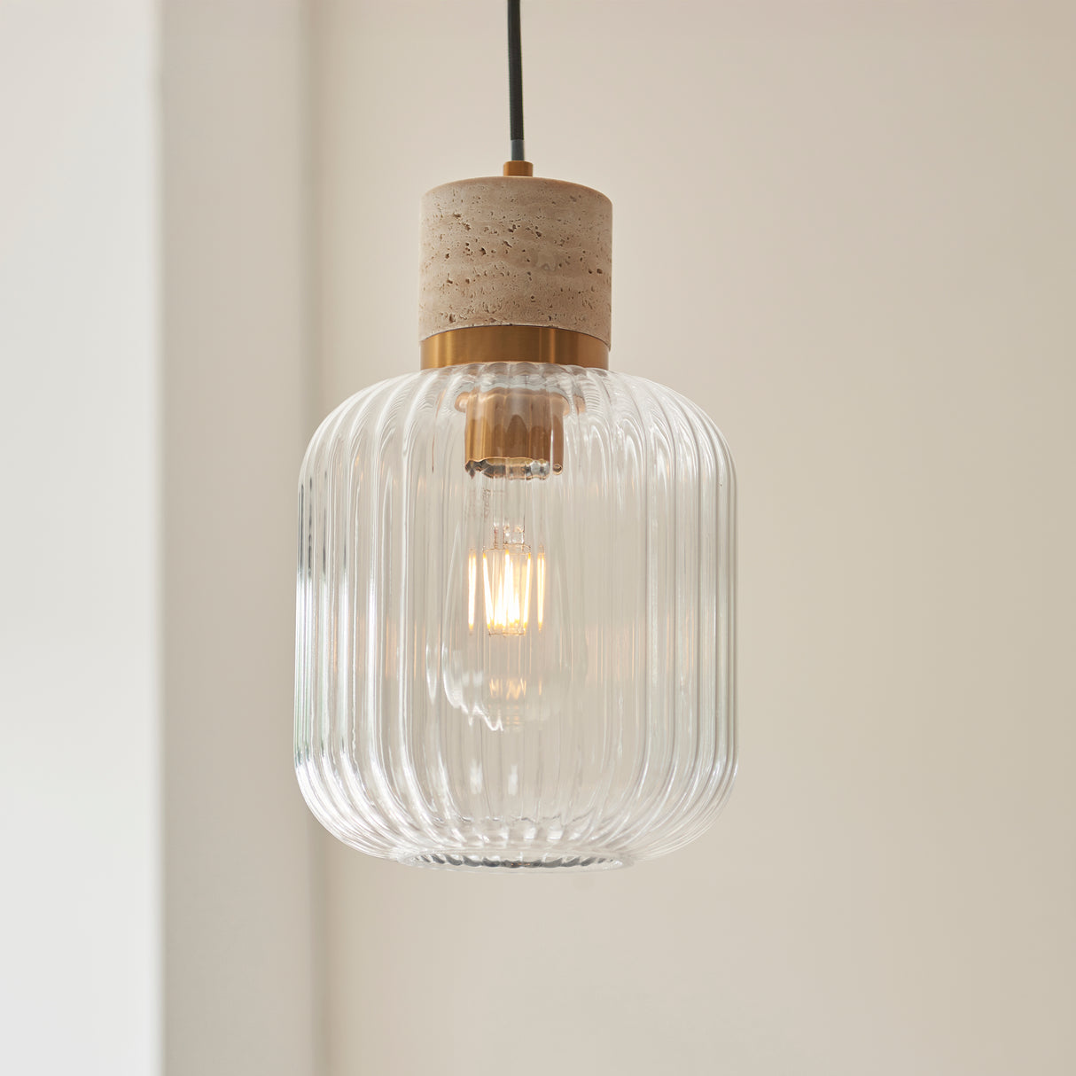 Endon Travi Ribbed Pendant Natural travertine, vintage brass & clear ribbed glass