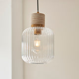 Endon Travi Ribbed Pendant Natural travertine, vintage brass & clear ribbed glass