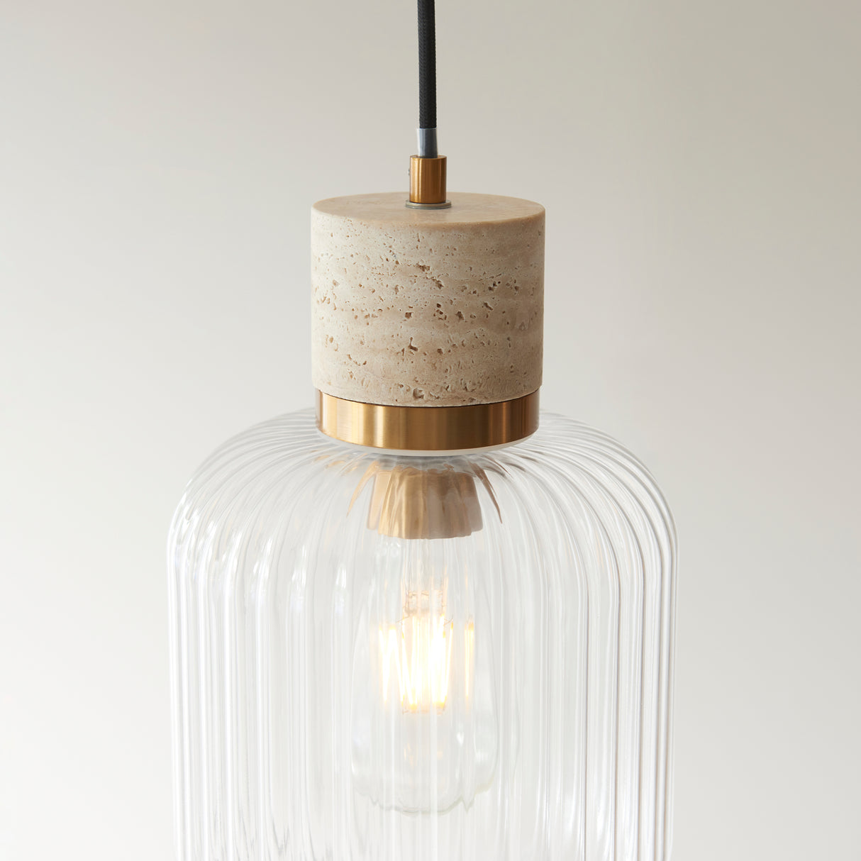 Endon Travi Ribbed Pendant Natural travertine, vintage brass & clear ribbed glass