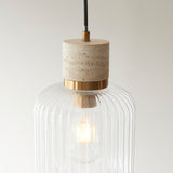 Endon Travi Ribbed Pendant Natural travertine, vintage brass & clear ribbed glass