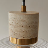 Endon Travi Ribbed Pendant Natural travertine, vintage brass & clear ribbed glass