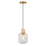 Endon Travi Ribbed Pendant Natural travertine, vintage brass & clear ribbed glass