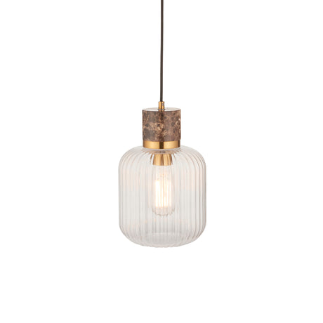 Endon Travi Ribbed Pendant Dark brown Emperador marble, vintage brass & clear ribbed glass