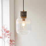 Endon Travi Ribbed Pendant Dark brown Emperador marble, vintage brass & clear ribbed glass